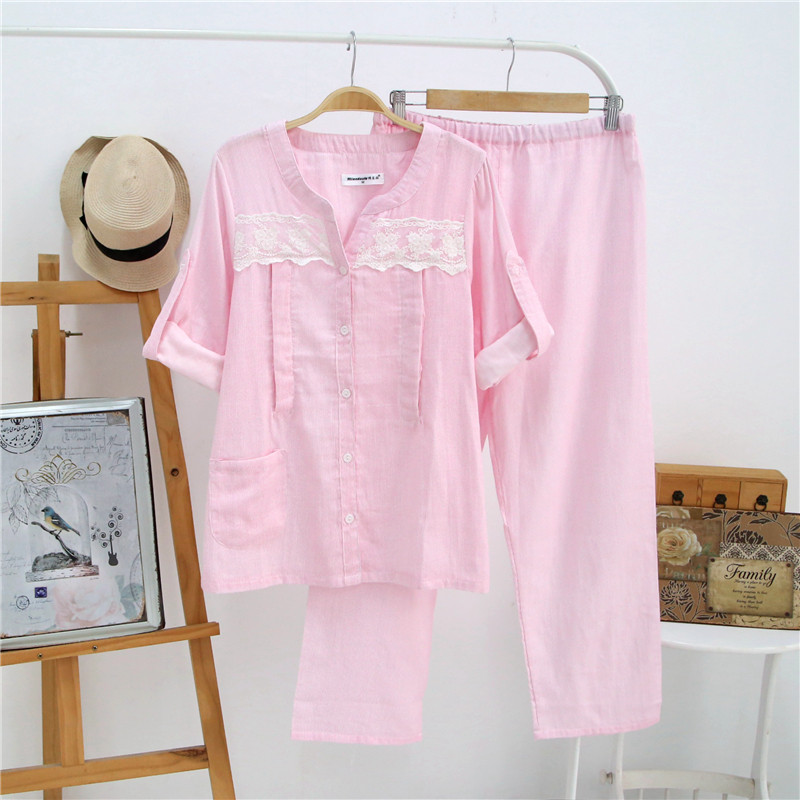 더블 레이어 순면 거즈 감금 의류 봄과 여름 산후 출산 잠옷 긴팔 얇은 간호 의류