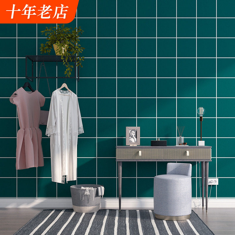 孔雀蓝绿色墙纸ins电视背景墙