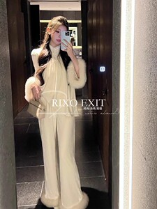 RIXO EXIT法式立领垂坠感毛毛拼接上衣阔腿裤春秋款富家千金穿搭