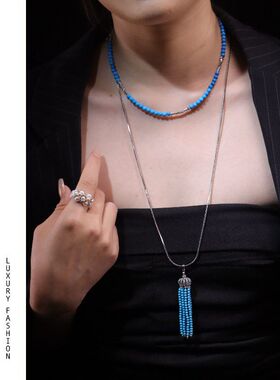 欧美跨境女士轻奢设计感蓝松石双层叠戴珍珠锁骨链个性流苏项链