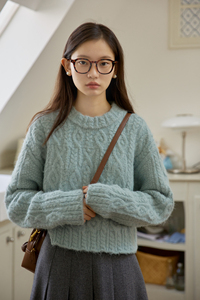 GOJO 慵懒风绞花圆领套头针织衫上衣加厚蓝色麻花毛衣外套女