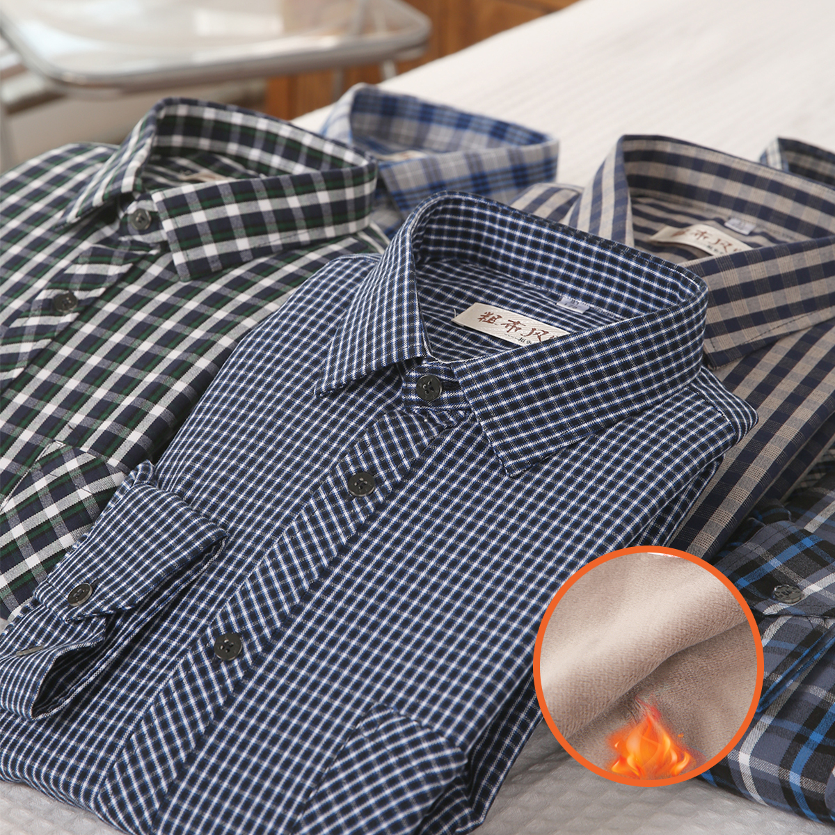 老粗布男士保暖衬衣加绒秋冬纯棉长袖衬衣男休闲商务基础加棉衬衫