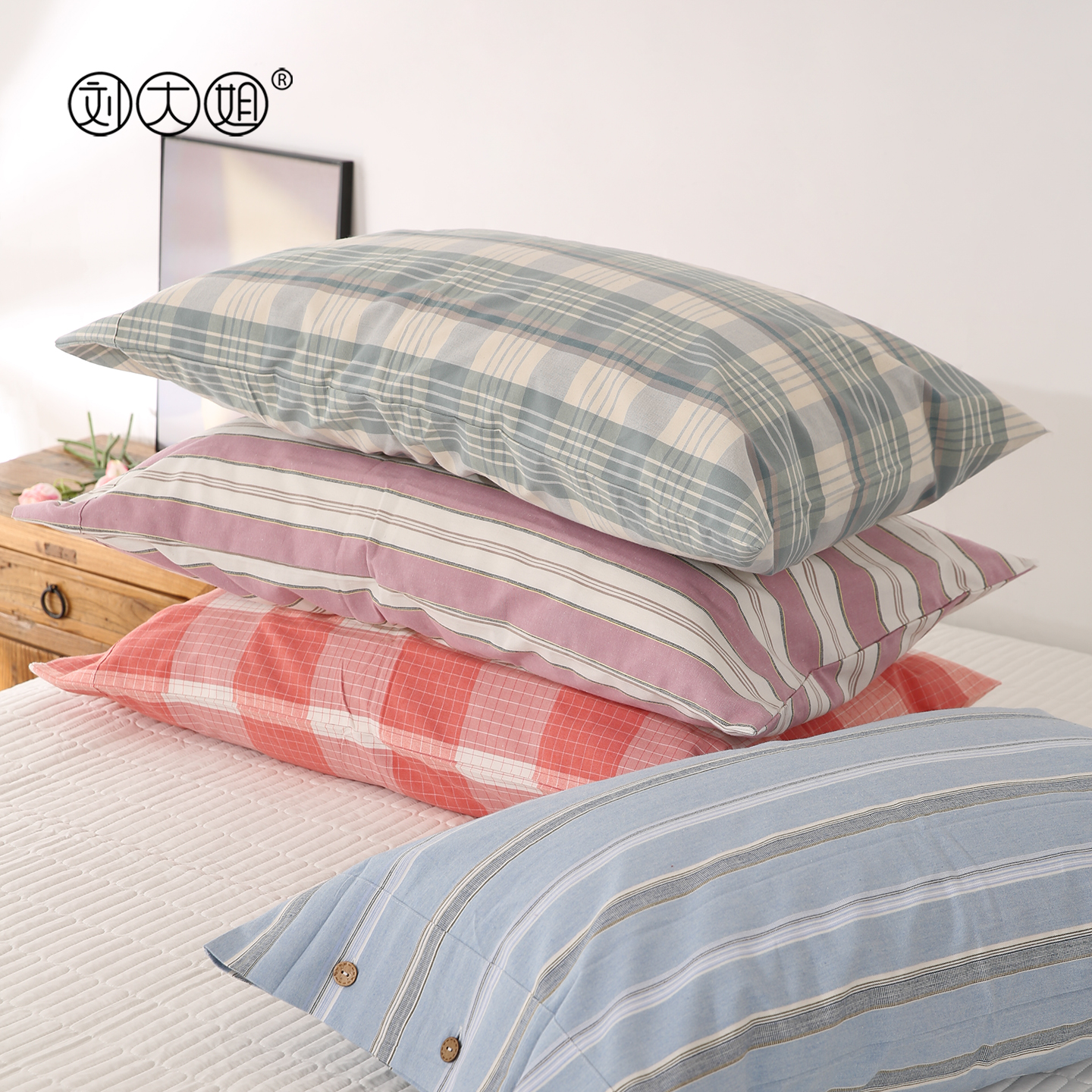 纽扣枕套纯棉老粗布双面枕套