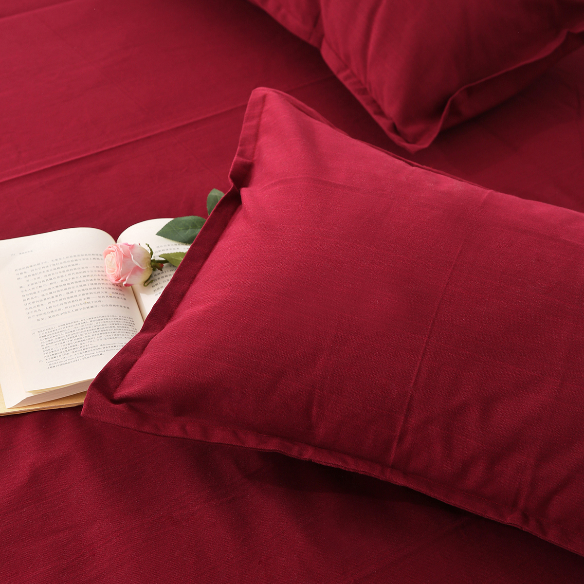 纯棉老粗布床单酒红纯色单件三件套32支经纬精梳棉可裸睡套件婚庆