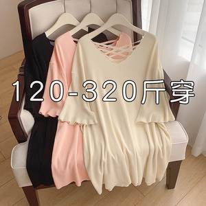 加肥加大300斤200胖mm大码女装夏季短袖t恤弹力针织衫显瘦v领上衣