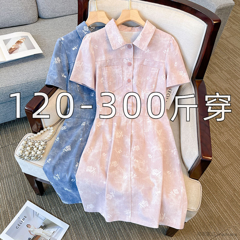 300斤大码女装polo领连衣裙时尚收腰牛仔裙200胖mm妹妹夏季a字裙