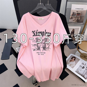 300斤特大码中长款遮肚子短袖T恤女200胖MM加肥宽松巨显瘦V领上衣