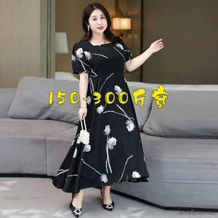 雪纺连衣裙女200胖mm长裙加肥巨显瘦遮肉裙子 短袖 300斤特大码 夏季