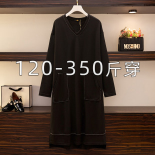 v领连衣裙胖mm宽松遮肚子长裙显瘦裙子 女装 加肥加大秋季 200斤大码