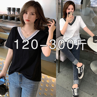 超肥特大码 T恤女夏胖子宽松上衣 300斤加肥加大V领体恤230胖mm短袖