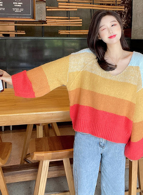 秋冬韩版清新甜美套头橙色渐变棉针织V领短款宽松针织衫灯笼袖女