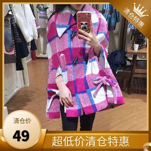 812  49元包邮 粉红格纹情人蝴蝶结翻领格子复古羊毛呢斗蓬大衣