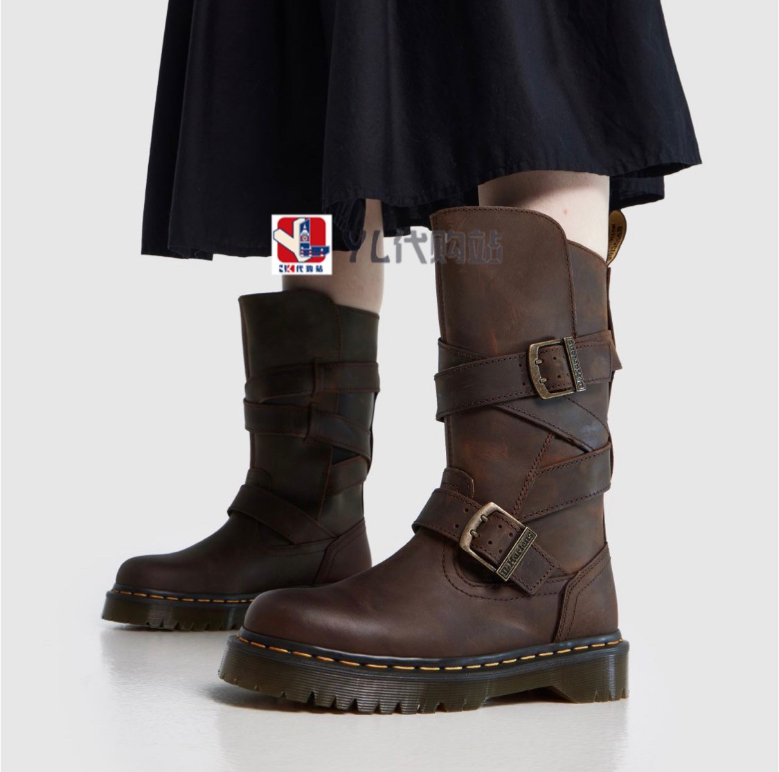 美国直邮代购Dr Martens Anistone复古中筒双扣绑带机车靴马丁靴