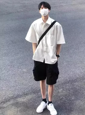 dk棉质白衬衫男短袖夏季设计感潮牌潮流宽松休闲大码半袖衬衣