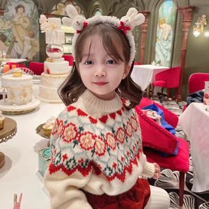 女童圣诞毛衣韩版网红宝宝白色针织毛线衫洋气童装洋气套头打底衫