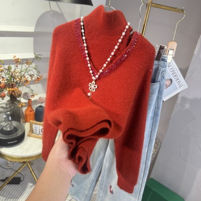 冬季新款设计感挂脖领V领重工钉珠修身交叉毛衣长袖加厚弹力上衣