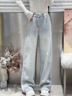 碎落星河重工烫钻高定牛仔裤2025新款加绒加厚浅蓝色百搭直筒裤女