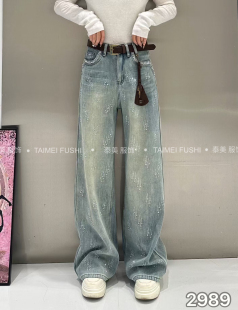 欧货2025星陨石烫钻时尚高腰显瘦加绒牛仔裤女宽松直筒阔腿长裤女