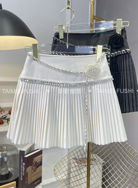2024秋冬新款山茶花腰链镶钻加厚百褶裙高腰显瘦遮胯insA字短裙女