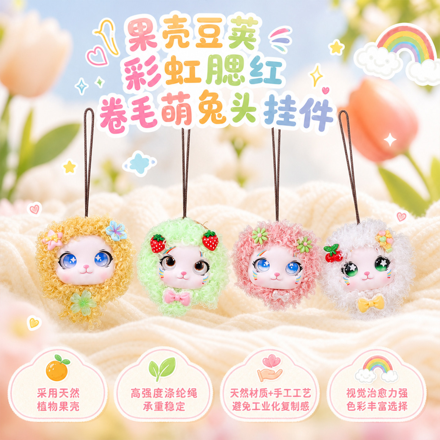 天然榼藤豆荚包裹腮红卷毛兔子挂件软萌少女心背包配饰毛绒小吊坠