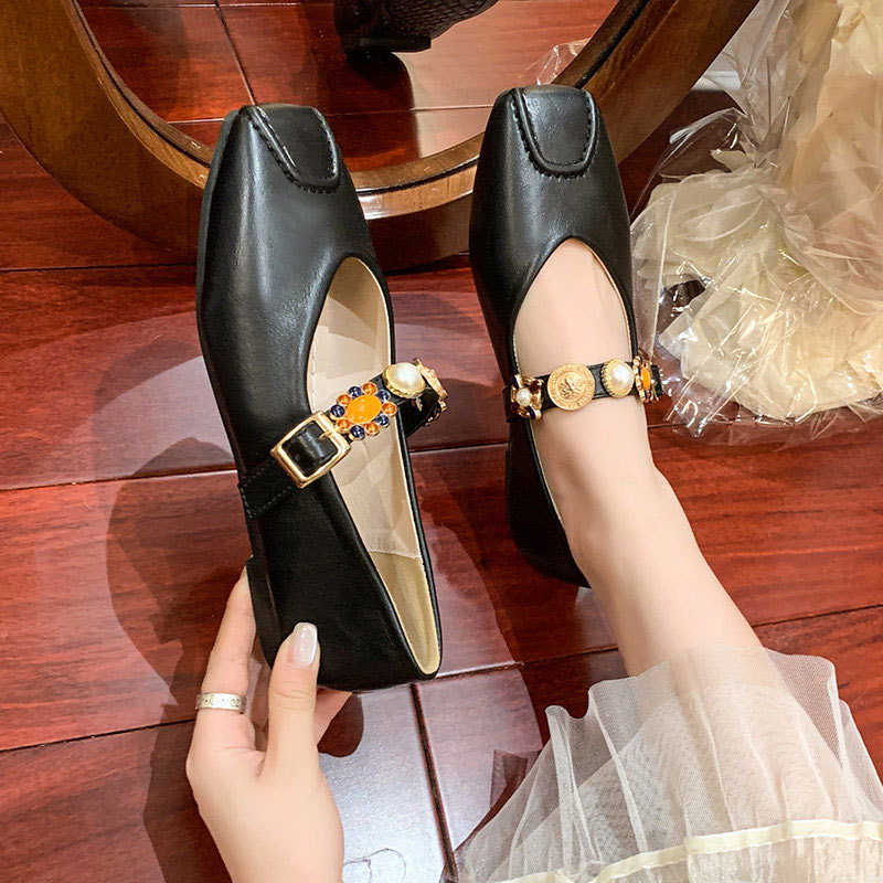 软皮版~浅口芭蕾鞋复古百搭平底单鞋方头金属扣一字带玛丽珍鞋女