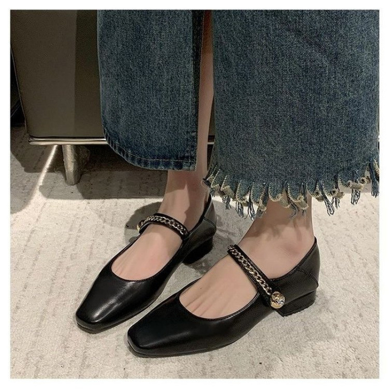 粗跟方头玛丽珍小皮鞋女2025年春秋新款百搭浅口复古软底单鞋采购