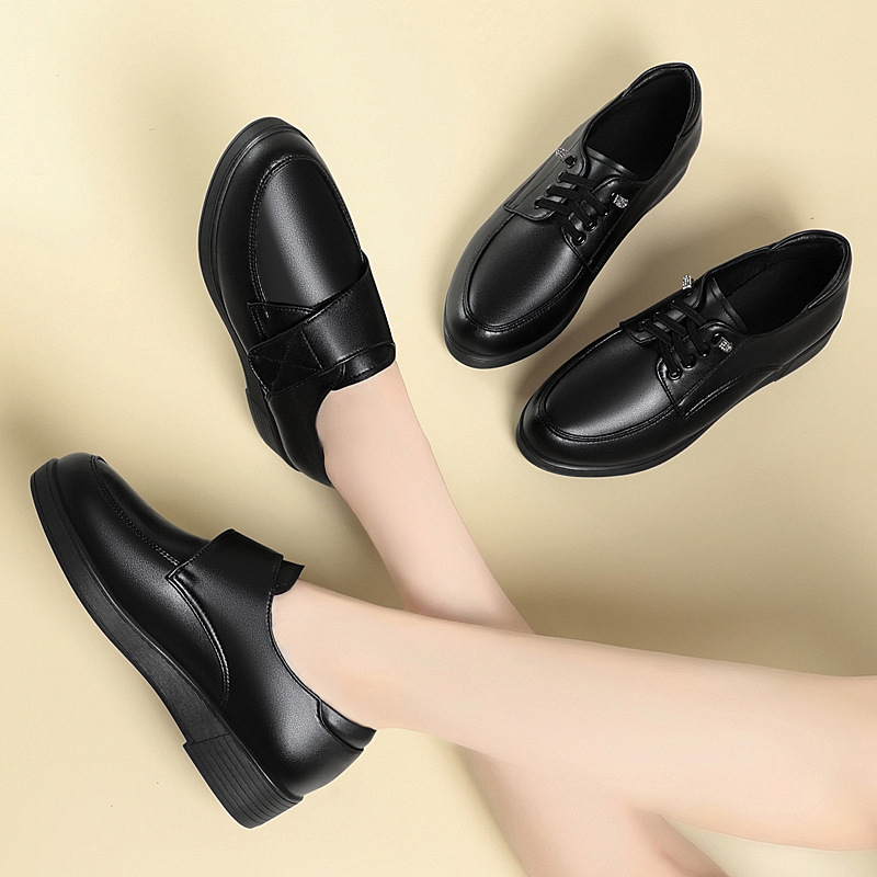 坡跟平底妈妈鞋春秋款皮鞋软皮软底中老年单鞋中跟大码女鞋41—43