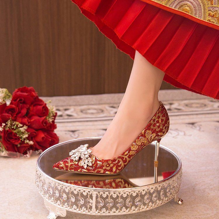婚鞋红色高级感秀禾新娘鞋敬酒服复古结婚礼服高跟鞋尖头单鞋