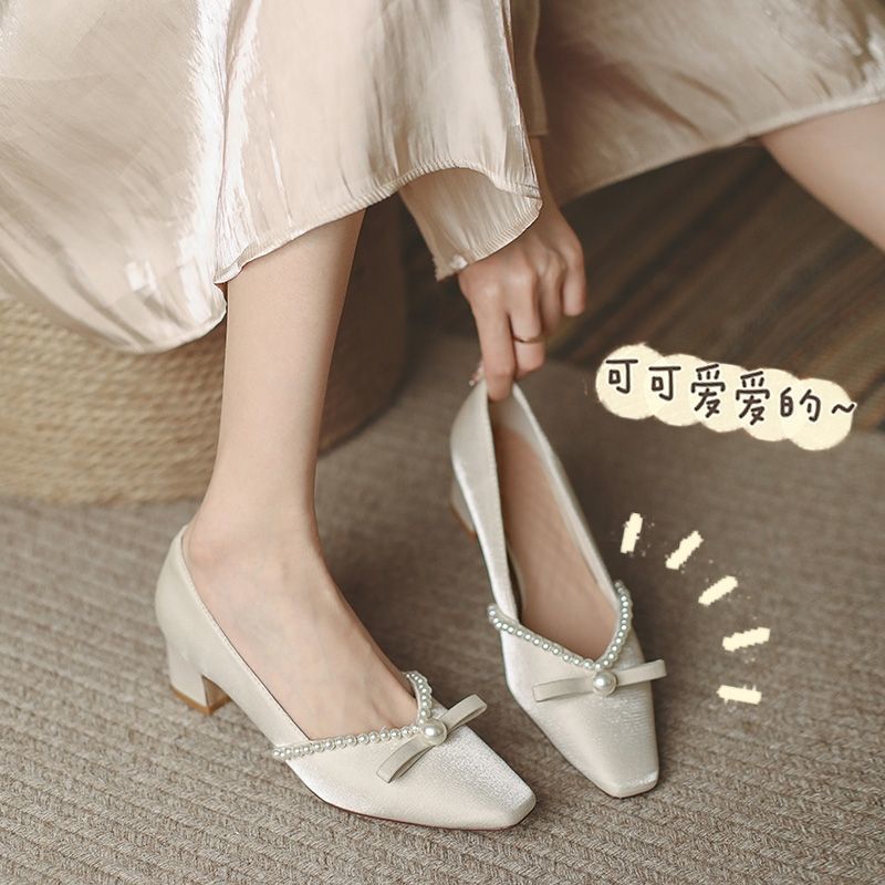 高跟鞋女2025年春季新款珍珠粗跟单鞋高级感伴娘鞋中跟法式婚鞋