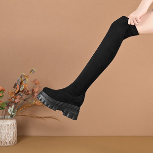 厚底过膝长靴女粗跟新款秋冬圆头牛皮长筒靴加绒平底增高黑色靴子