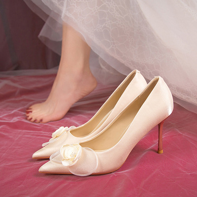 法式气质名媛高级感小众温柔仙女风高跟鞋花朵婚鞋配主婚纱伴娘
