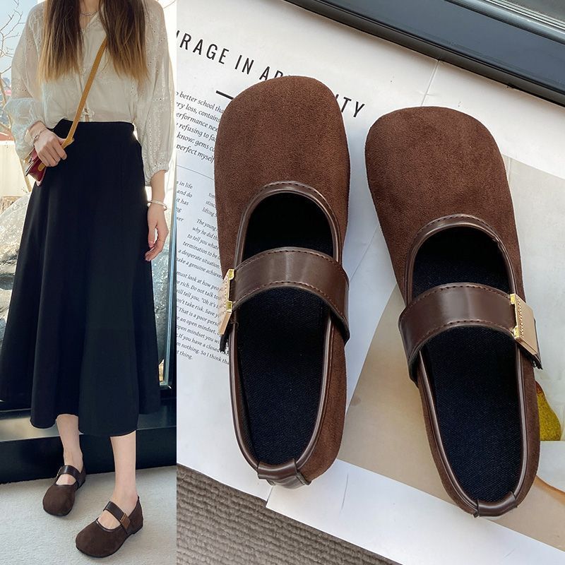 韩系气质优雅绒面金属扣圆头显瘦软底芭蕾鞋复古玛丽珍鞋2025新款