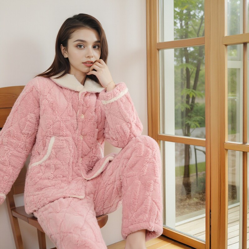 冬天女孩睡衣家居服三层加绒加厚保暖法兰绒女士棉袄中老年厚棉衣