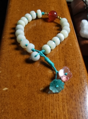 设计款天然和田玉于田白玉算盘珠手链铃兰花吊坠送礼佳品