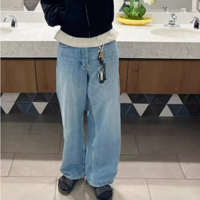 vujade009 双色直筒排扣男女同款纯色复古通勤休闲长裤牛仔裤潮流