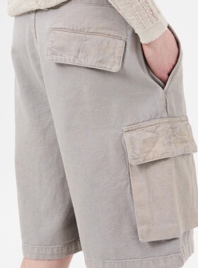 LEGACY风格 浅灰色直筒宽松水洗褪色脏脏口袋男女休闲潮工装短裤