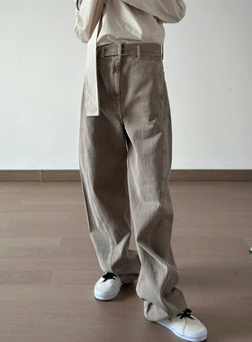 原创L风格素色飘带扭缝设计弯刀裤休闲宽松慵懒浅色直筒牛仔裤