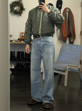 Ac风格 2021M蓝色水洗做旧复古休闲宽松中高腰微喇直筒牛仔裤长裤