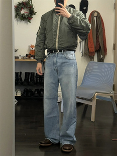 长裤 Ac风格 2021M蓝色水洗做旧复古休闲宽松中高腰微喇直筒牛仔裤