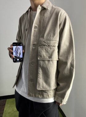 L风格素色水洗做旧复古慵懒风牛仔夹克休闲宽松多口袋工装外套