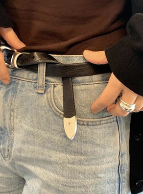 legacy风格订制厚款黑色复古水洗百搭头层牛皮银扣腰带皮带男女款