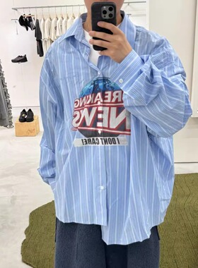 Project G/R 不对称错位印花字母条纹套翻领学院风长袖衬衫外套