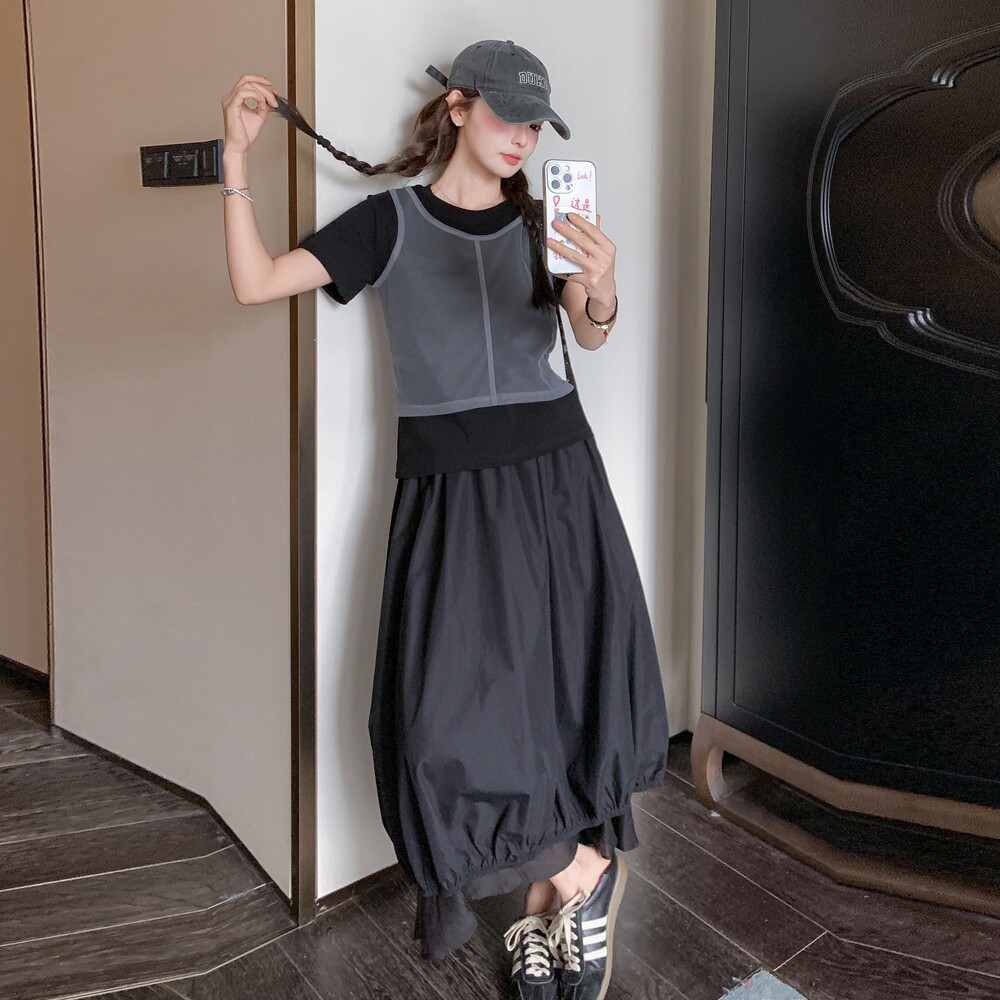 黑色设计感休闲套装裙女2025夏季新款假两件拼接上衣半身裙两件套图片