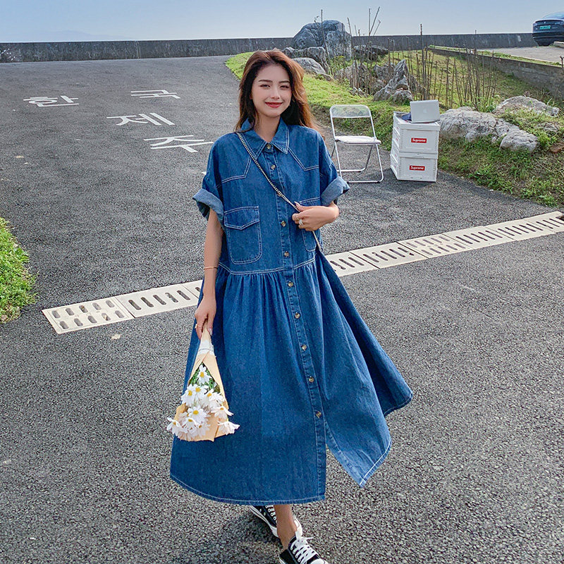 高级感牛仔连衣裙女夏宽松显瘦2025新款大码港风衬衫长裙小众设计,女装连衣裙,乔安迪