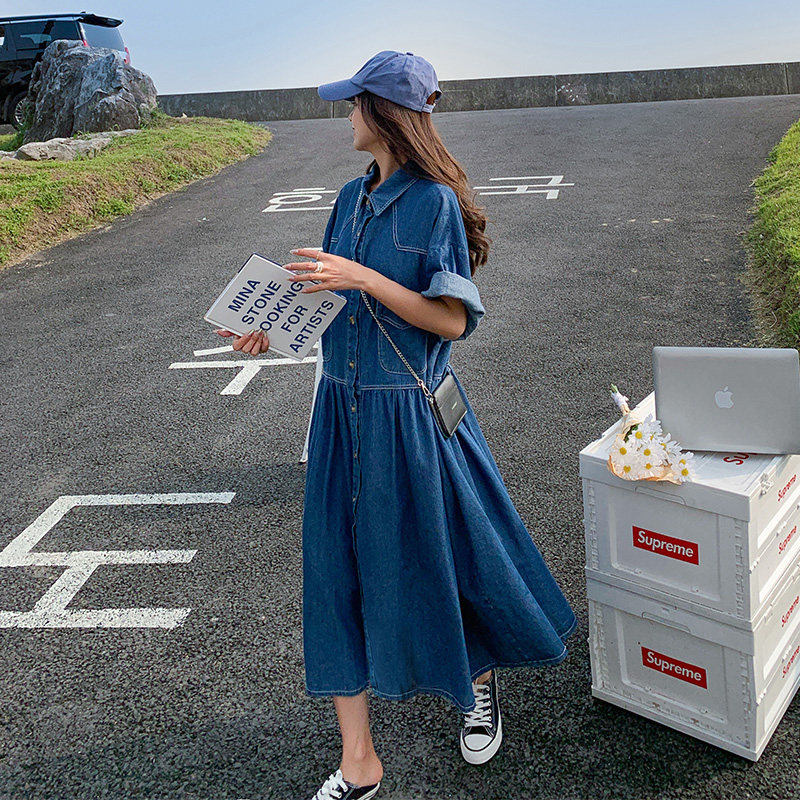 高级感牛仔连衣裙女夏宽松显瘦2025新款大码港风衬衫长裙小众设计,女装连衣裙,乔安迪