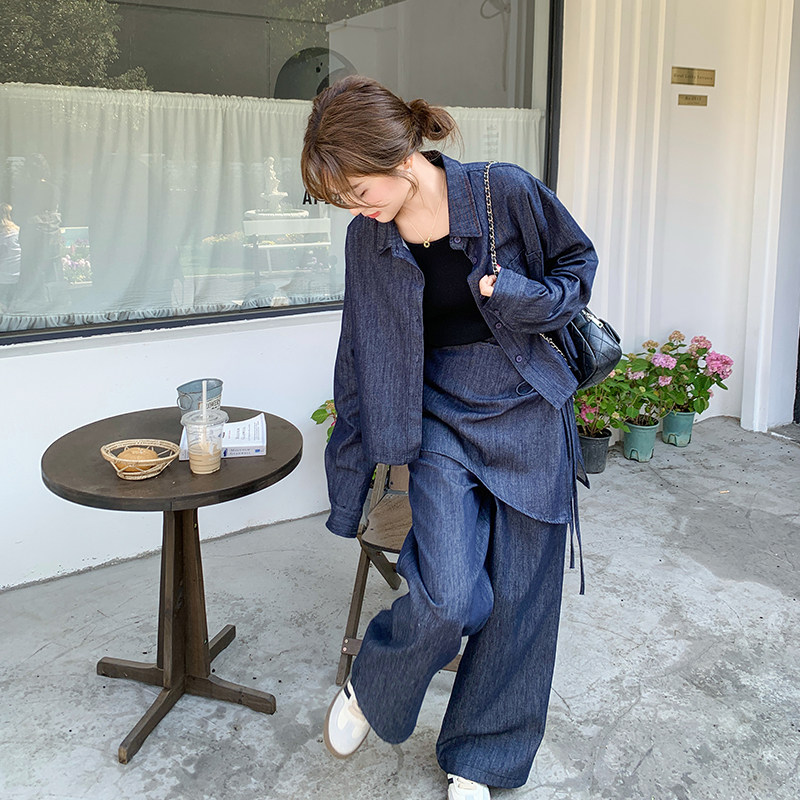 高级感牛仔衬衫套装2025春季新款韩系穿搭一整套叠穿阔腿裤三件套图片
