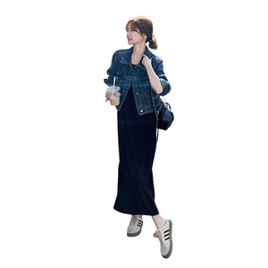 黑色背心连衣裙套装女2025春季新款韩系气质牛仔短外套长裙两件套图片