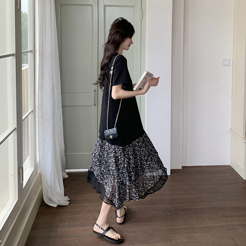 黑色碎花拼接连衣裙女2025夏季新款法式设计感宽松显瘦不规则长裙,女装连衣裙,乔安迪