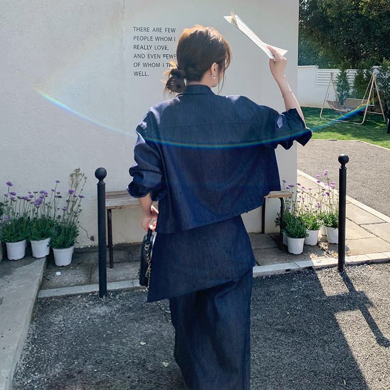高级感牛仔衬衫套装2025春季新款韩系穿搭一整套叠穿阔腿裤三件套,女装套装/套裙,乔安迪