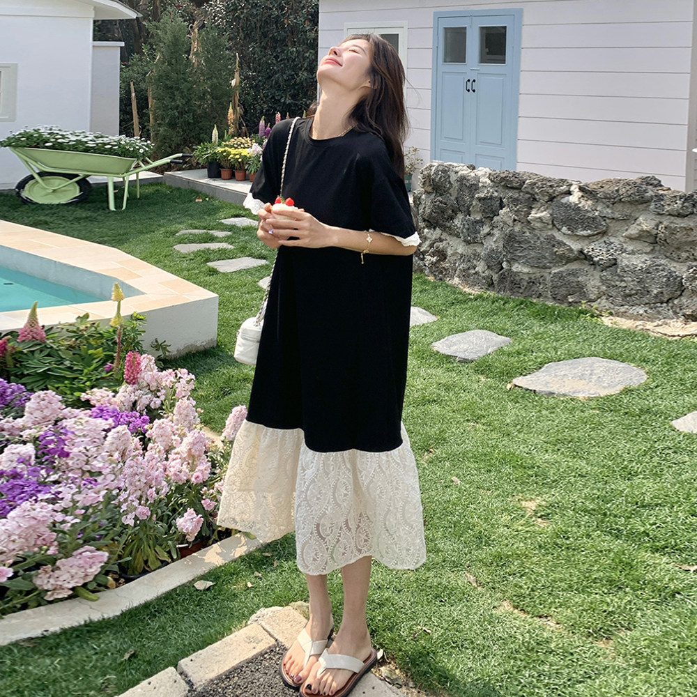 黑色短袖T恤连衣裙女2025夏季新款设计感超好看蕾丝拼接鱼尾长裙，女装连衣裙，乔安迪